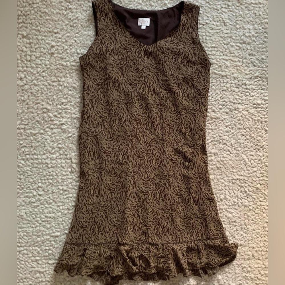 Vintage Cleo Brown & Tan Patterned Ruffle Hem Midi Dress Size 12